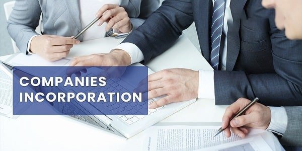 A business banner titled Companies Incorporation showing legal advisors in corporate suits working on a laptop and reviewing registration documents.
