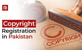 A legal copyright registration layout featuring an official rubber stamp, a law book, and the corporate copyright symbol (C).