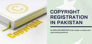 A promotional legal banner titled Copyright Registration in Pakistan featuring a white book with a golden copyright symbol and the national crescent and star flag watermark.