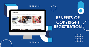 An infographic banner titled Benefits of Copyright Registration featuring business professional silhouettes shaking hands, a row of books, and a legal checklist.