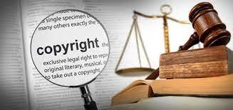 A two-column responsive visual grid displaying a legal text book under a magnifying glass alongside a desktop computer infographic detailing copyright registration benefits.